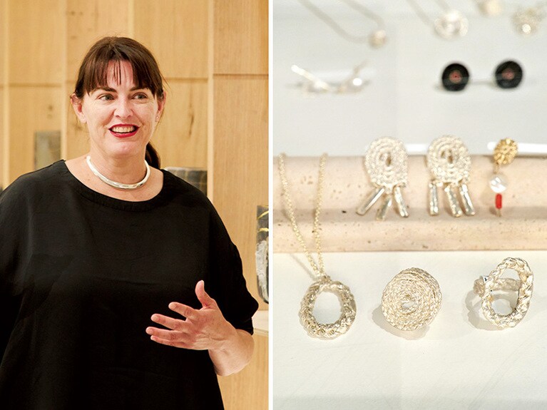 左：「メルボルンはアートフェスティバルなどもある芸術の街」と話すキュレーターのニコル・デュリング氏。右：ラフィアをシルバーで鋳造したフアン・カストロ氏のリング $740、ペンダント $450など。