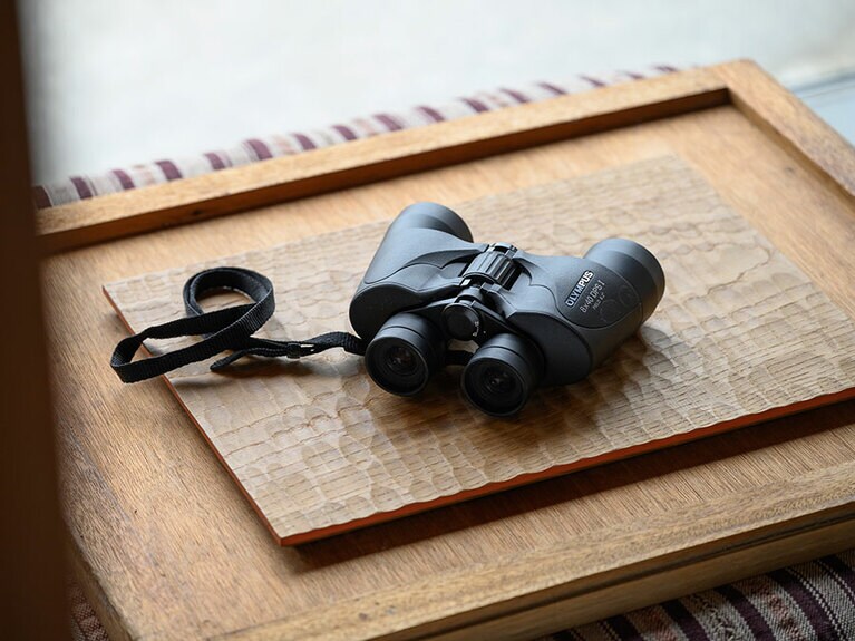 ずっと眠らせていたけれど、この家に越してきてから毎日使っているという双眼鏡。天気が良い日は、窓から鳥や富士山が見える。