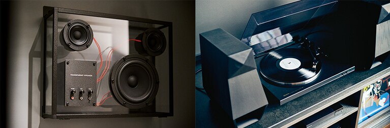 写真左：“音” へのこだわりをいち早く取り入れたノーガホテル。秋葉原 東京では、共用トイレに北欧生まれの高音質スピーカーが。 
写真右：清水 京都のスイートにはレコードプレイヤーも。