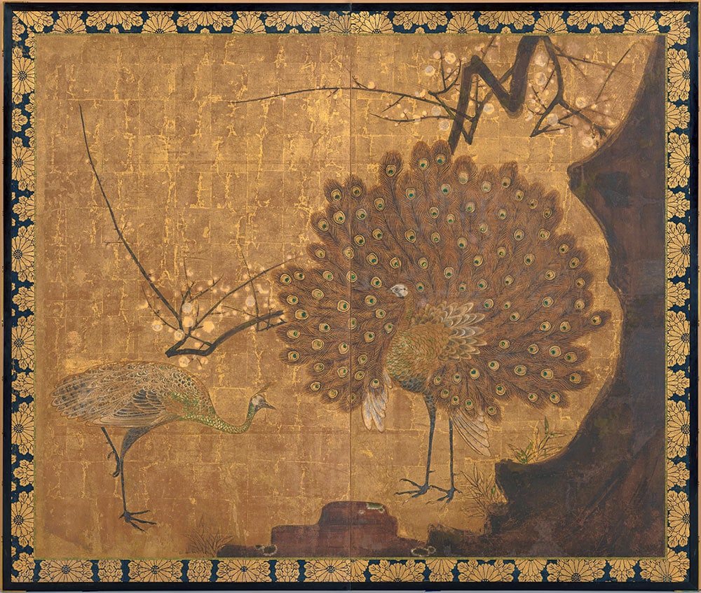 尾形光琳《孔雀立葵図屏風》江戸時代 18世紀重要文化財。向かって右隻には美しい雌雄の孔雀。