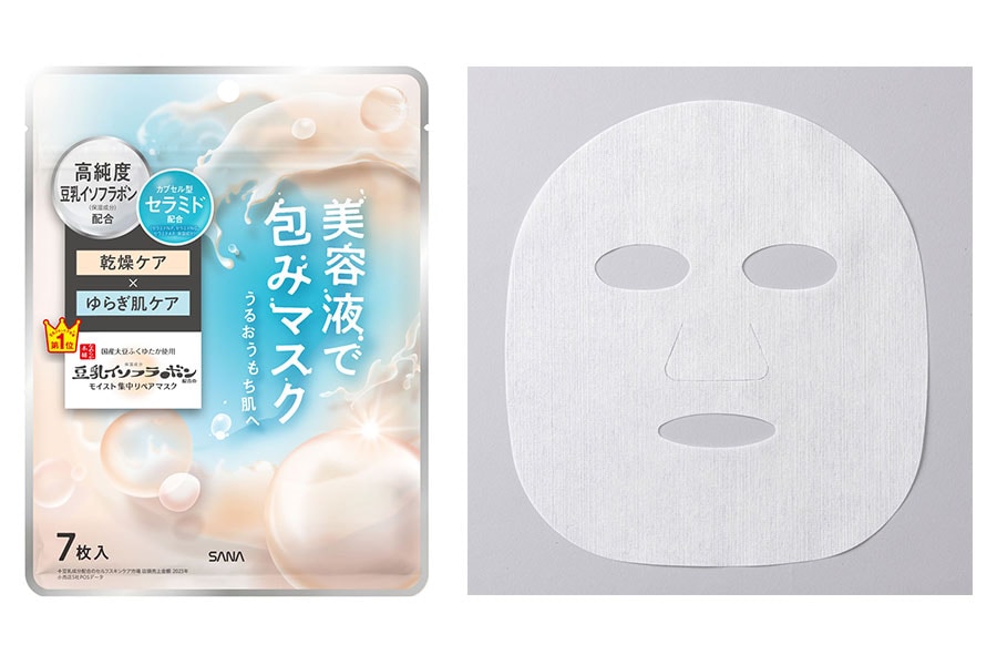 ゆらぎがちな肌を整え、潤い肌へ導くシートマスク。高純度豆乳イソフラボン、ふくゆたか使用の豆乳発酵液、大豆由来の美容成分をカプセル化した3種のセラミドを配合。保湿成分として、グリセリルグルコシド、パンテノール、エクトイン、整肌成分として、グリチルリチン酸2K、アラントインを配合。とろんとした肌触りのシートの感触も好評。サナ　なめらか本舗　モイストエッセンスマスク　ＮＣ　150g（7枚入） 715円／常盤薬品工業