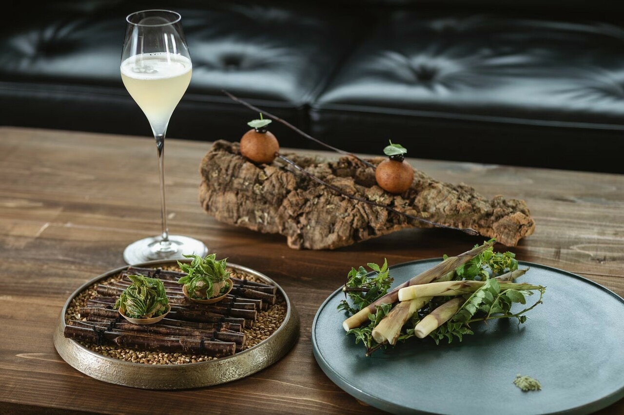 アミューズの春の「タルト」は、薄いタルト生地に刻んだコシアブラ、猪のリエット、コシアブラの素揚げを組み合わせ。