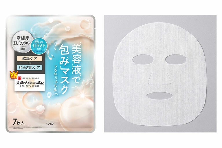 ゆらぎがちな肌を整え、潤い肌へ導くシートマスク。高純度豆乳イソフラボン、ふくゆたか使用の豆乳発酵液、大豆由来の美容成分をカプセル化した3種のセラミドを配合。保湿成分として、グリセリルグルコシド、パンテノール、エクトイン、整肌成分として、グリチルリチン酸2K、アラントインを配合。とろんとした肌触りのシートの感触も好評。サナ　なめらか本舗　モイストエッセンスマスク　ＮＣ　150g（7枚入） 715円／常盤薬品工業