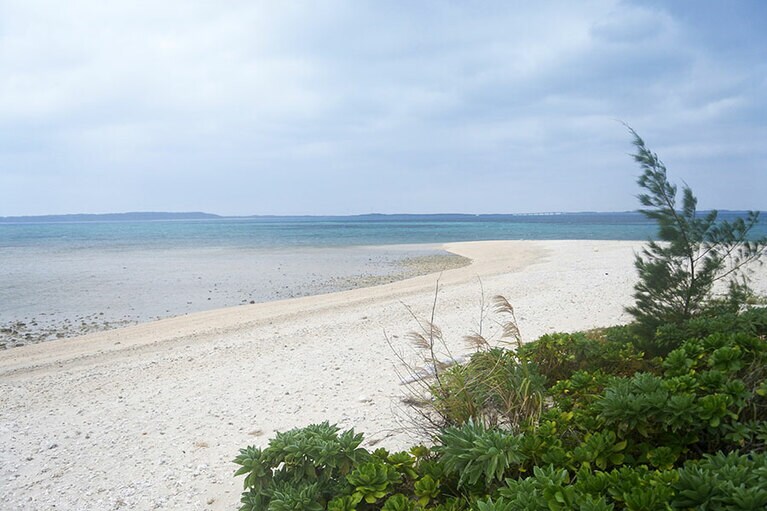 遠くに伊良部大橋を望む白砂ビーチ。天気が良かったらなぁ……。