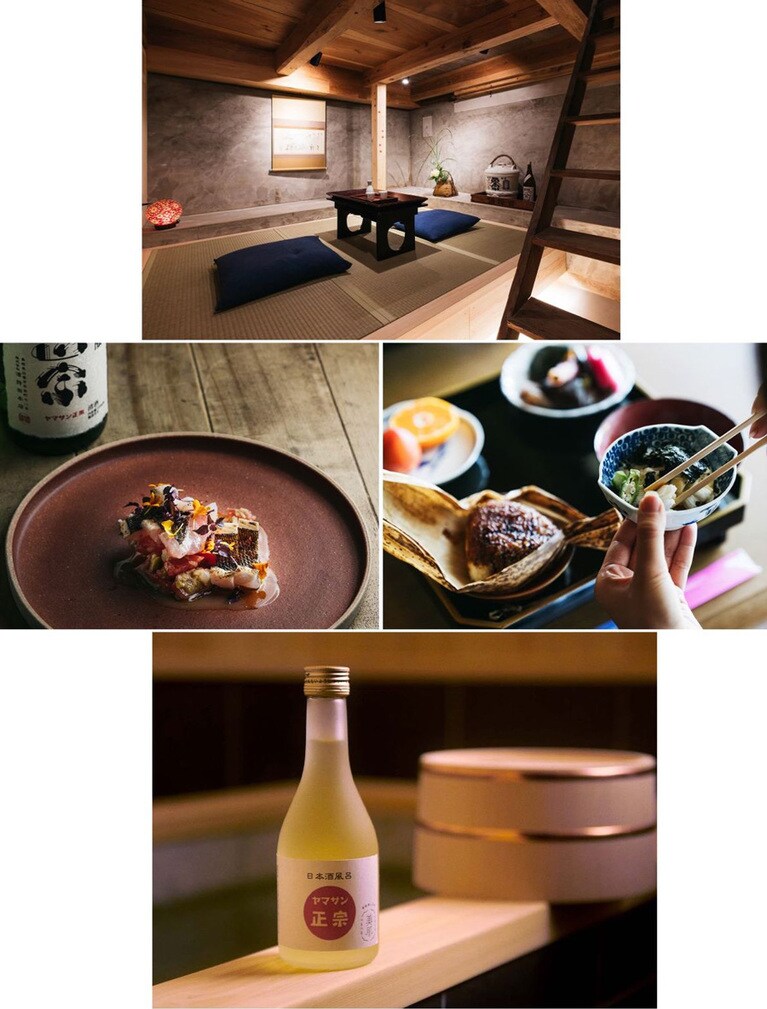 (写真・上)地下の畳の間。旅の疲れを癒やしながらしっとり晩酌を楽しんで。(写真・中左)魚を使った前菜に純米吟醸酒を合わせて。(写真・中右)再仕込み醤油を使った焼きおにぎり、島根県の宍道湖産のしじみを使ったしじみ汁は必食。(写真・下)入浴酒「日本酒風呂専用 ヤマサン正宗 美肌県しまね」。浴槽は十和田石で造られた贅沢仕様。※飲料用ではありません。