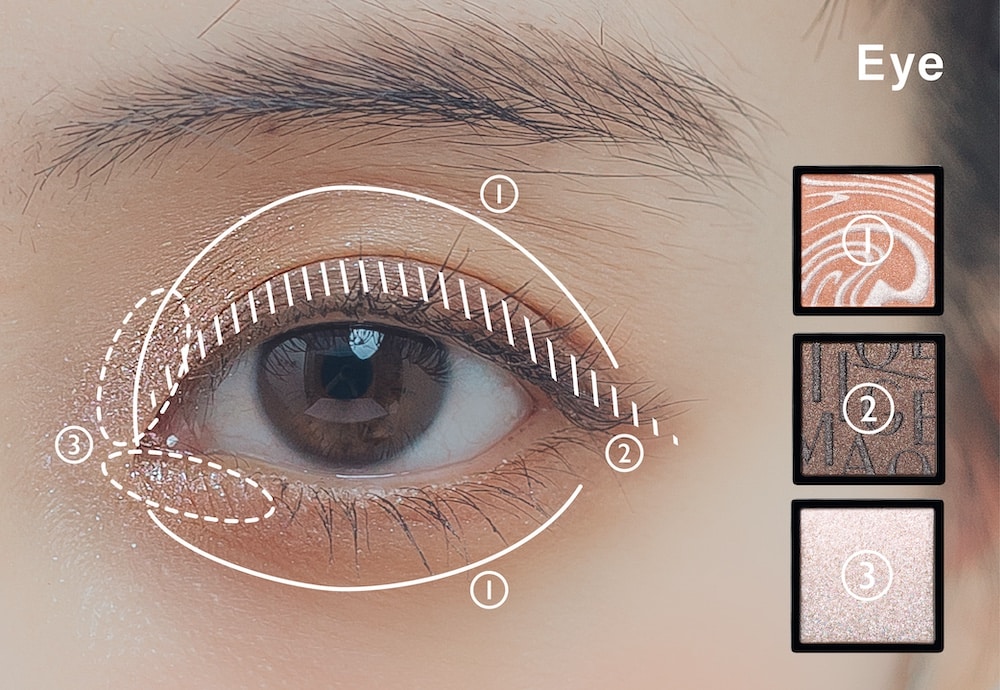 ピンクグラデのフレームに合うアイシャドウ。〈コスメ使用アイテム〉マキアージュ カスタマイズアイカラー シングル 上からBE212 クリームミルクティ、BR635 ショコラノワール、SV841 ダイヤモンドシュガー 各1,100円（編集部調べ）／マキアージュ