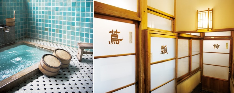 予約不要・無料の貸切風呂が3カ所並ぶ。各風呂場の天井には、「鈴」「瓢」「蔦」という名前を表す彫刻が施されている。