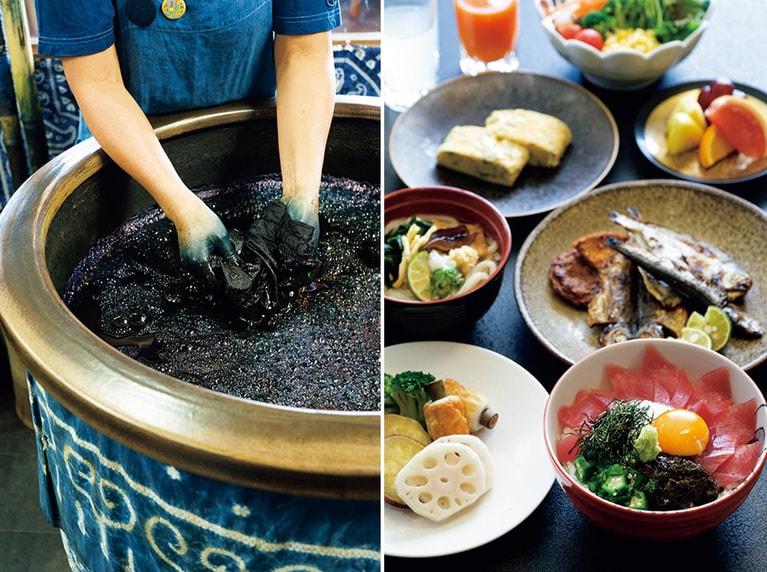 左：化学染料を使わない昔ながらの阿波藍染めが、専属の染師の手ほどきで体験できる3,300円～。右：ご当地グルメの朝食ブッフェでは、刺身たっぷりの海鮮漬け丼や、鳴門わかめ入り出汁巻き玉子など郷土の味が充実！