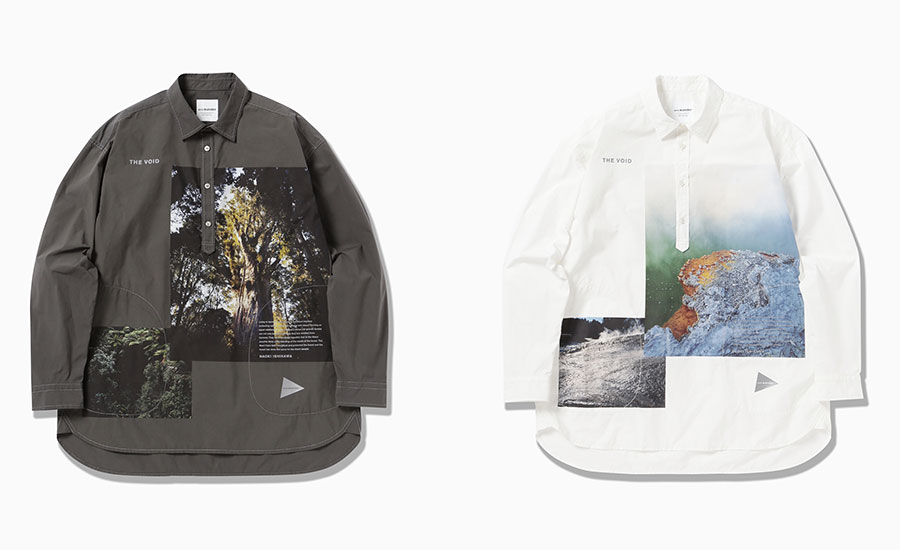 左：42 NAOKI ISHIKAWA THE VOID CORDURA shirt / TREE、charcoal 35,200円。右：43 NAOKI ISHIKAWA THE VOID CORDURA shirt / SEA、white 35,200円。