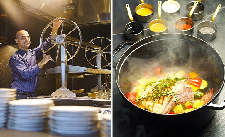 〈左〉グリルマシンを操るキロイロ氏。〈右〉「焚火の宴卓、NZ産のラムラック 7種のソース」7,000円