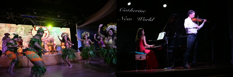 ポリネシアンナイト以外にもポリネシアンダンスショーは開催。こちらはダンスの祭典「ヘイヴァ・イ・タヒチ」にも出場しているチーム（左）。ゆったり耳を傾ける演奏の夜も（右）。