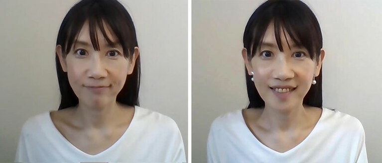 左が下地のみ。右がチークを加えた版。うっかりイヤリングもつけて撮影してしまいましたが、チークのおかげで、顔のノッペリ感が減った気がします。