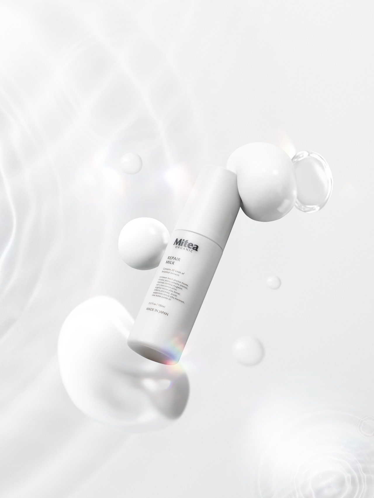 乳液としてもオールインワンケアとしても使える、高保湿乳液。植物発酵エキスがギュギュッと独自開発したW発酵ソームカプセルに閉じ込められ、角層の深くまで届き、潤いやハリ、透明感の高い肌へ。さらにツボクサ（CICA）、ビタミンC誘導体、グリチルリチン酸ジカリウムや、厳選されたオーガニック植物成分を20種も配合。なじみやすいテクスチャーと香りもいい、とファン拡大中。パラベン、石油系界面活性剤、シリコーン、マイクロプラスティックビーズ、紫外線吸収剤、合成香料、キレート剤、すべてフリー。ミティア リペアミルク 100ml 1,991円／ミティア オーガニック