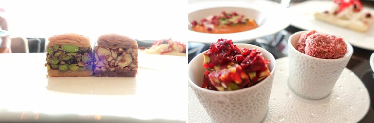 ピスタチオ、カシューナッツがぎっしりと入っている自家製バクラヴァ（左）。スイートチーズの生地にローズウォーター、ピスタチオ、チェリーを混ぜたお菓子（右）。伝統的な中東菓子も、よりハイセンスな一品へとグレードアップされている。