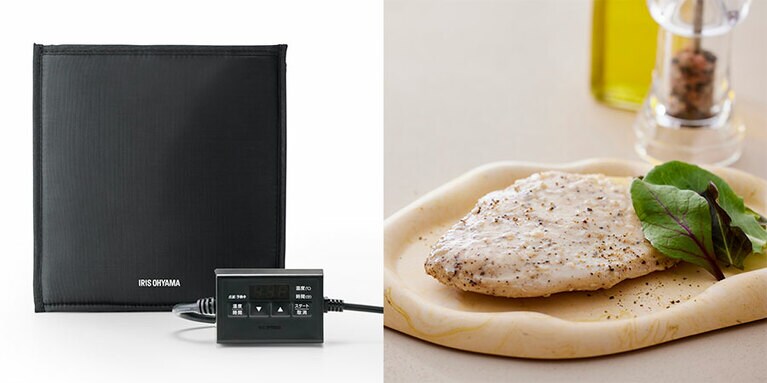 袋部分に食材を入れた密閉袋を入れ、時間と温度を設定して調理。サラダチキンが簡単にできます。