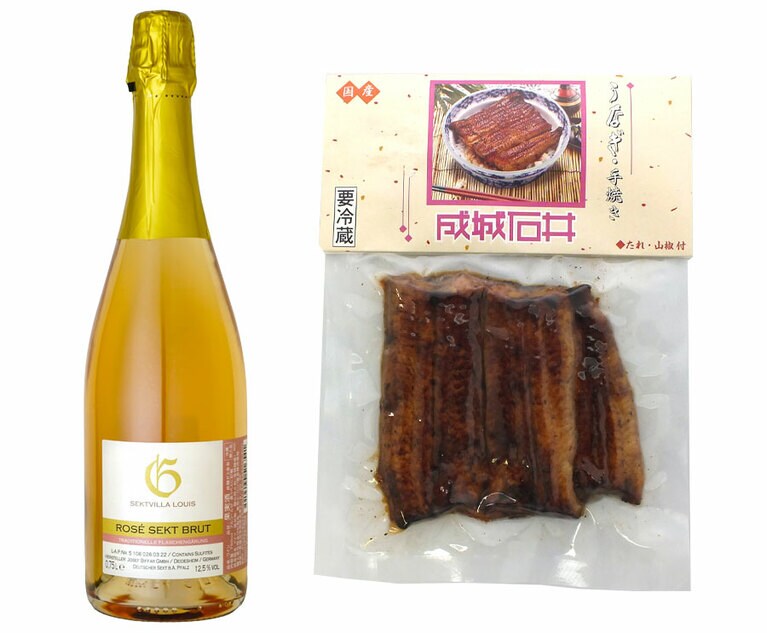 左：ゼクト ロゼ ブリュット 750ｍl 税込2,629円。右：成城石井　国産手焼うなぎ蒲焼 75g 税込2,366円。