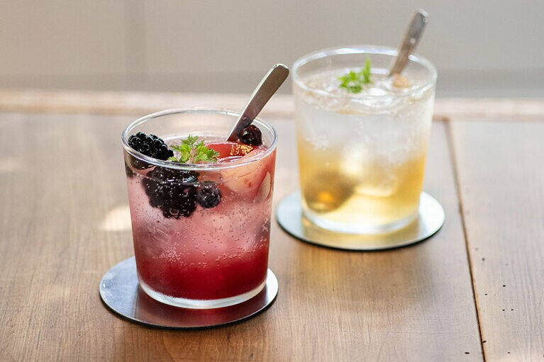 左：「北信州季節のゴロゴロフルーツソーダ」550円。右：「信山丸杏のソーダ」450円。