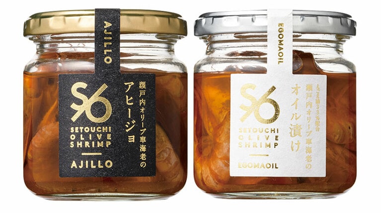 にがり衞門の「オリーブ車海老のアヒージョとオイル漬け」各130g 1,750円。賞味・消費期限：2年、通販：可能／仁尾産商。