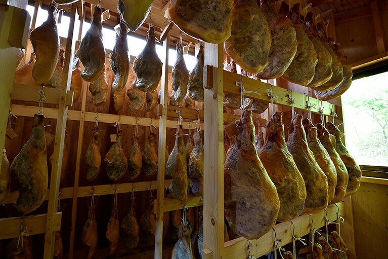 塩漬け→塩抜きした後にスーニャ(ラードと小麦粉を混ぜたもの)で表面を保護しながら、風通しのいい貯蔵庫で12カ月間、乾燥・熟成させる。現在、その数は約300本。