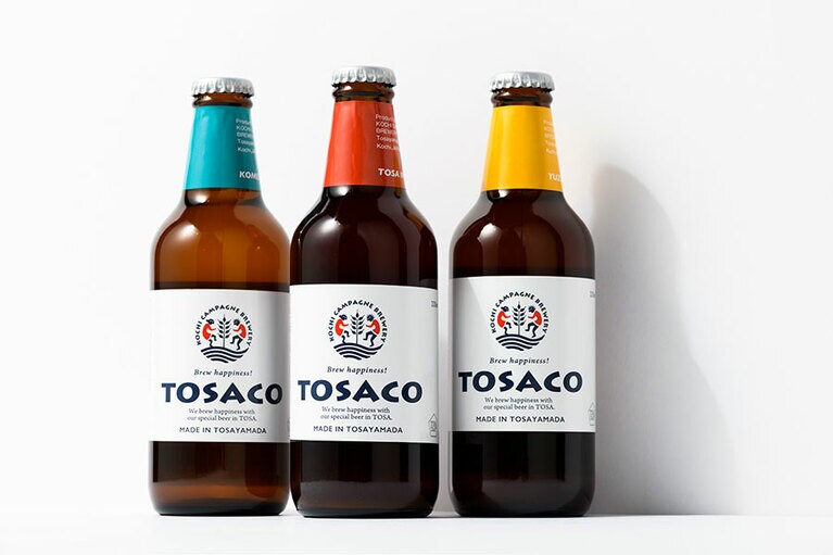 【香川県】高知カンパーニュブルワリーの「TOSACOビール」左から：こめホワイトエール、IPA、ゆずペールエール。