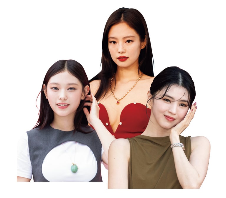涼しげな目元と猫のような顔立ちが魅力的な3人。上から時計まわりに：BLACKPINKジェニー。©EPA＝時事　女優のハン・ソヒ。©Sipa USA／時事通信フォト　NewJeansへリン。©Sipa USA／時事通信フォト