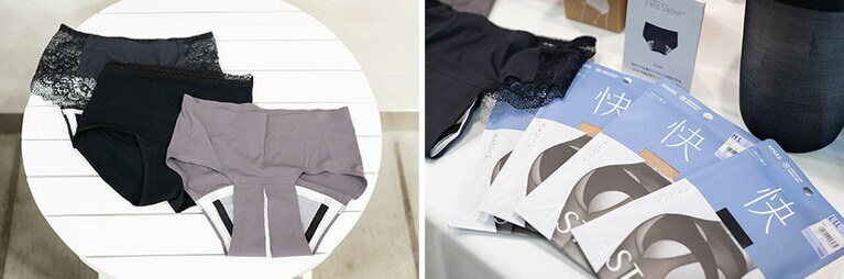 左：ATSUGIの吸水型サニタリーショーツ。マチ部分に切り込みを入れて6層を確認。右：ショーツより先にはく、ATSUGIのパンティ部レス・ストッキング【快】。