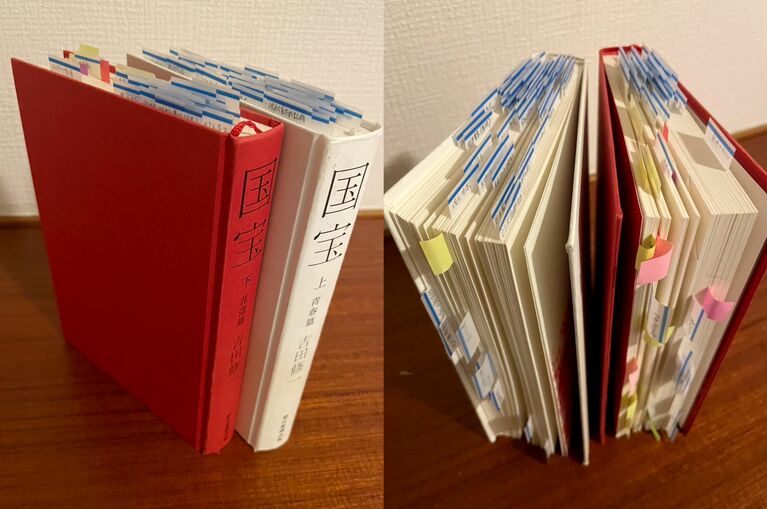 奥寺氏が脚本を書く際に使用した原作の単行本。無数の付箋が貼られている（奥寺氏提供）