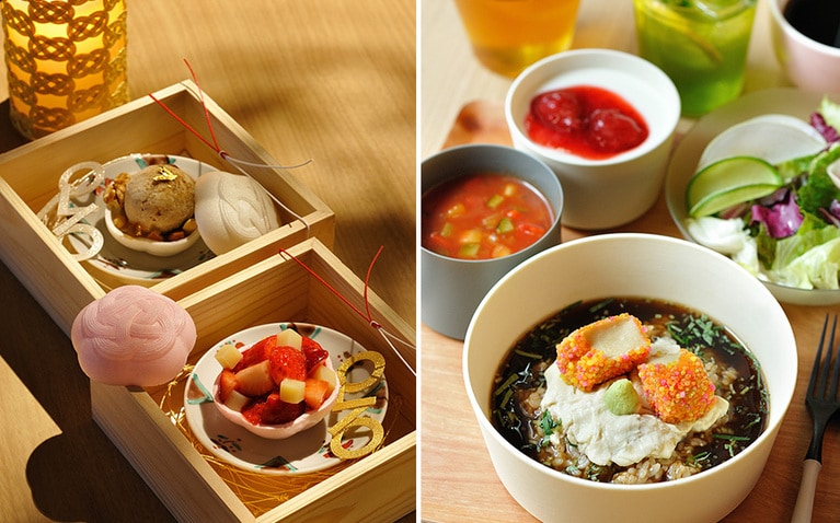 左：「水引夜灯りカフェ」では、「水引OMOなか」などをぜひ。1,000円（ドリンク付き）。右：おなかに優しい朝ごはん。地域の食文化を味わうOMO名物の朝食リゾットには「棒茶と生麩」（1,600円）が。