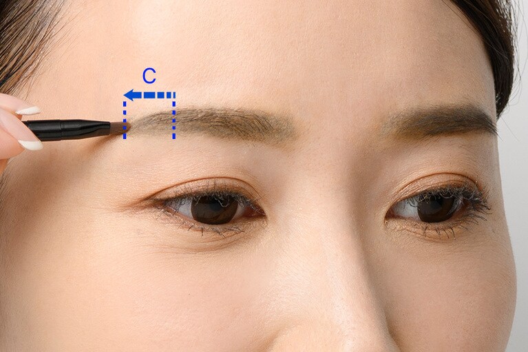 眉山から眉尻へ（※Cの箇所）濃いカラーをのせる。