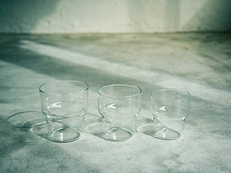 Heat-resistant Glass Cup(TCG) 左から：500元 φ9.2×H10.1㎝、400元 φ8.4×H9.4㎝、350元 φ7.6×H8.4㎝