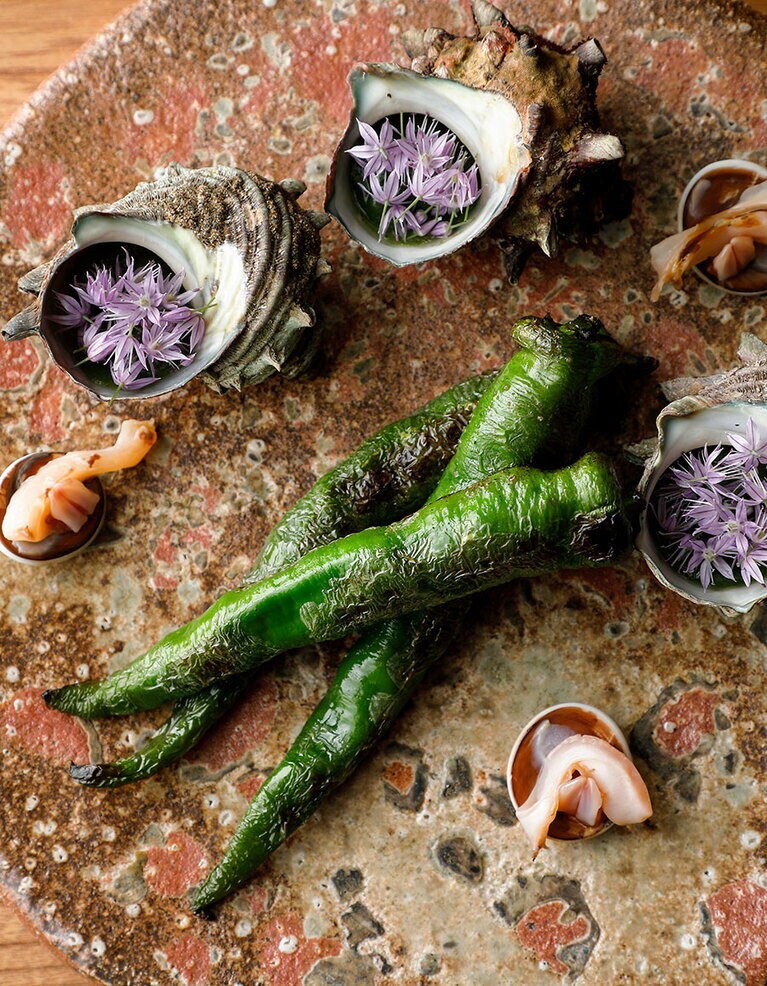 “万願寺唐辛子とサザエ”は、殻の中に入ったズッキーニのソースで味わう。サザエの貝柱と“歯”を蓋にのせて。