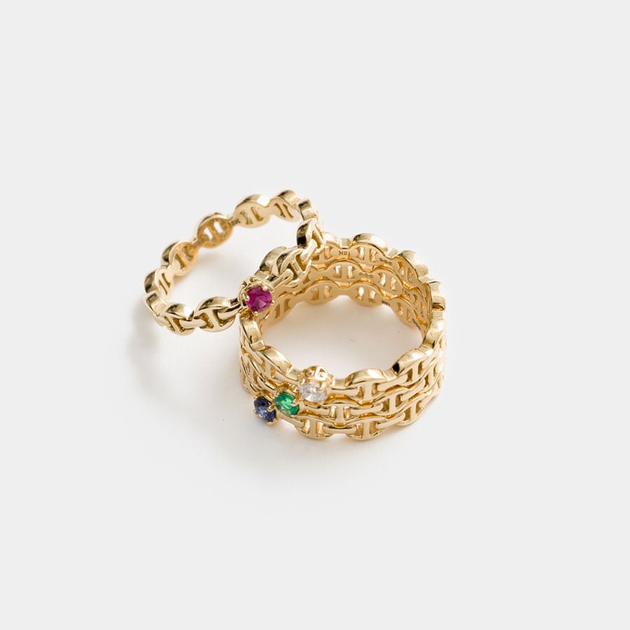 Micro-Link Ring Stone diamond/emerald/sapphire/ruby 418,000円／HOORSENBUHS（ホーセンブース）6/24：みなとみらい店にて先行発売