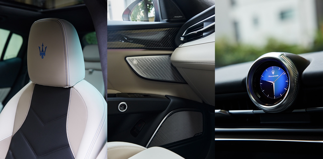 （左）シートバックからショルダーサポート、ヘッドレストにステッチまで「フォーリセリエ」によるパーソナライズで、部位ごとに色や仕上げオーダーできる。（中央）イタリアのHiFiオーディオ「ソナス ファベール」のシステムを搭載。（右）ダッシュボード中央の時計はマセラティの受け継がれたスタイル。