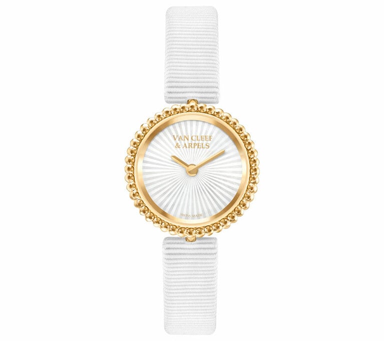 ペルレ ウォッチ 23mm (イエローゴールド、ホワイト マザーオブパール、スイス製クォーツムーブメント、ホワイト グログラン ブレスレット)。