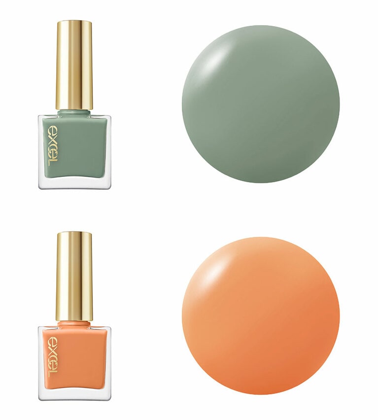 ファッショナブルだけど毎日使える繊細カラーが揃う。ムラにならないテクスチャーで乾きも速く、爪の潤いを守るディルシードエキスや植物オイルも配合されている、と至れり尽くせり。エクセル ネイルポリッシュ N 上から、グレイッシュニュアンスのグリーンでお洒落なNL31 バジルリーフ、爽やかでまろやかなミルキーオレンジのNL32 マンゴージュレ。各10mL 1,100円／常盤薬品工業(2022年2月22日発売)