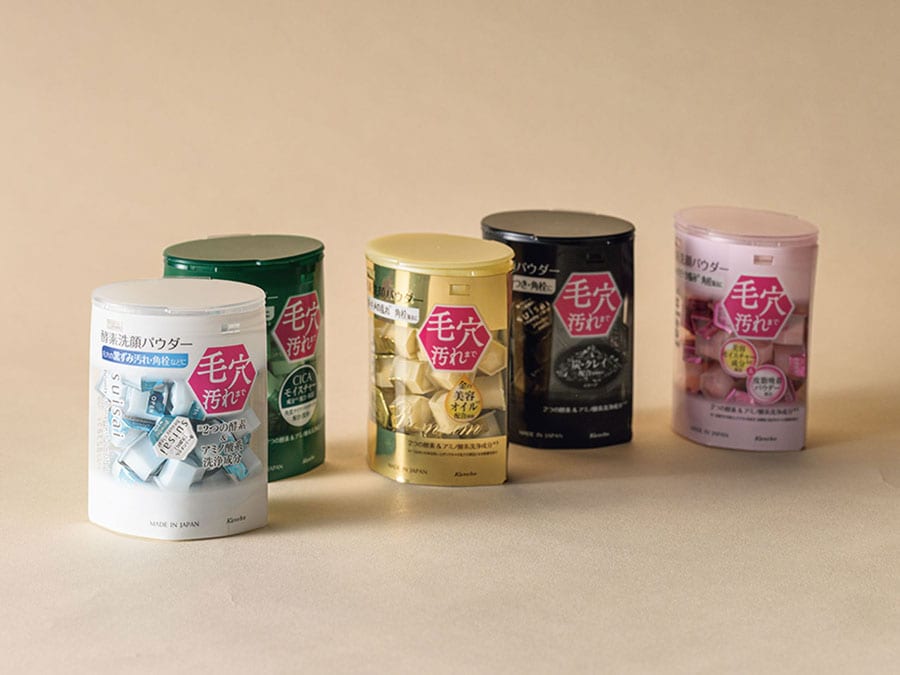 60年に及ぶ酵素研究の英知を結集させたNo.1酵素洗顔。スイサイ ビューティクリア パウダーウォッシュ シリーズ 全5種 各0.4g×32個 各1,980～2,420円（編集部調べ）／カネボウ化粧品