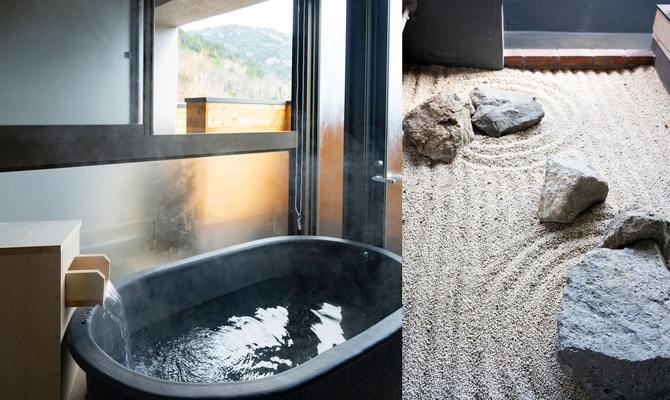 〈左〉部屋に付いている半露天風呂。〈右〉半露天風呂の窓に映るのは、砂紋の美しい枯山水の庭。