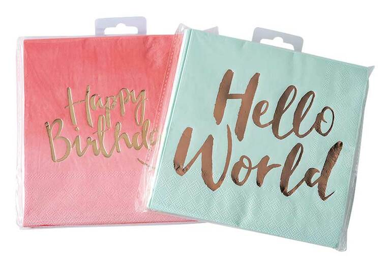 ジンジャーレイ「ペーパーナプキン」左から：Gold Foiled Pink Ombre(Happy Birthday)、Mint & Rose Gold(Hello World) 各960円／Paper Tree