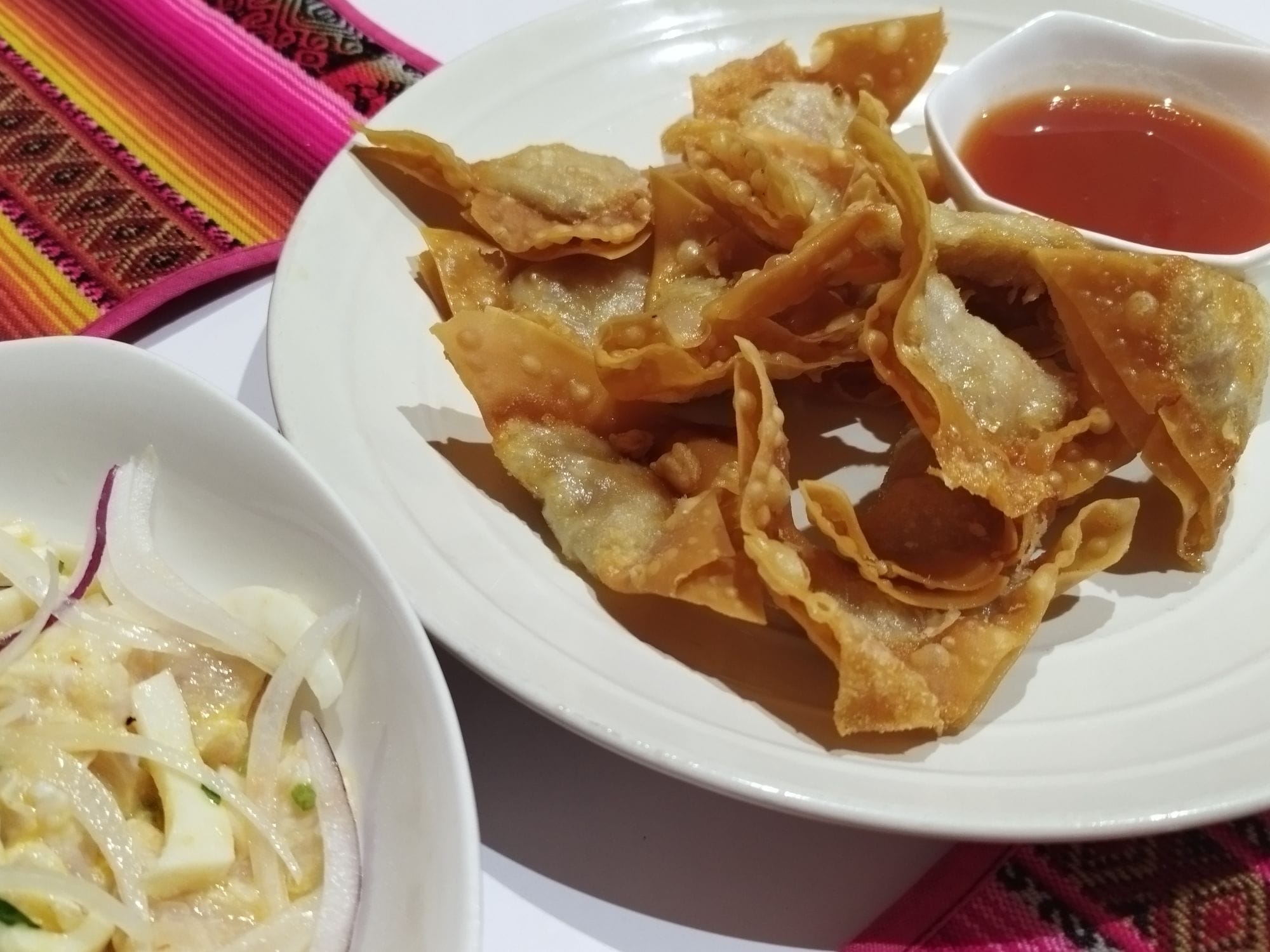「エル・パイサノ」で食べた海鮮食材豊富なマリネ「セビーチェ」と、ペルー中華料理の揚げワンタン