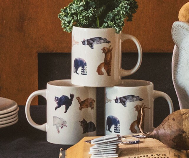 3人で作ったオリジナルの猫マグカップ（私物）。こんな風に、愛猫のオリジナルグッズを簡単に作れるサービスもたくさんあるそう。