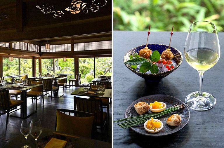 〈左〉旧知事公舎の客間をリノベーションしたレストラン「翠葉」。欄間などに往時の意匠が残ります。〈右〉「月ヶ瀬茶のブイヨンとお米のクロケット」。