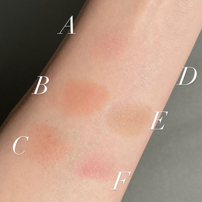 【スウォッチ】A：CREAM クリーム、B：MATT マット、C：GLITTER グリッター、D：HIGHLIGHTER ハイライター、E：SATIN サテン、F：COLOR VEIL カラーヴェール。