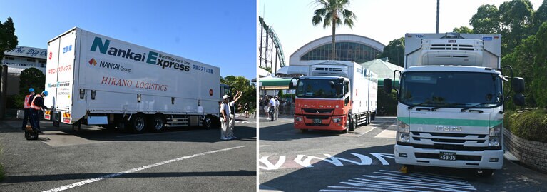 アドベンチャーワールドで良浜たち4頭をのせたトラック。永明たち3頭を中国へ送り出した2023年2月22日は、3頭が入ったケージをトラックに積む様子を報道陣に公開したが、今回は気温などがパンダたちに与える影響を考慮して、4頭は非公開だった。2025年6月28日（土）。