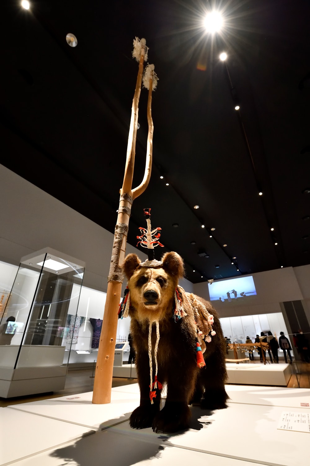 アイヌの精神世界を知る展示では、霊送りの儀式で用いられた「トゥクシシ」と熊つなぎ杭と熊飾りを復元。