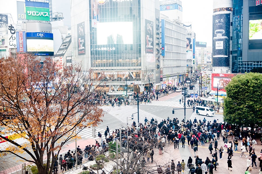 渋谷駅前の交差点で信号に従って、大勢の人が立ち止まり……。