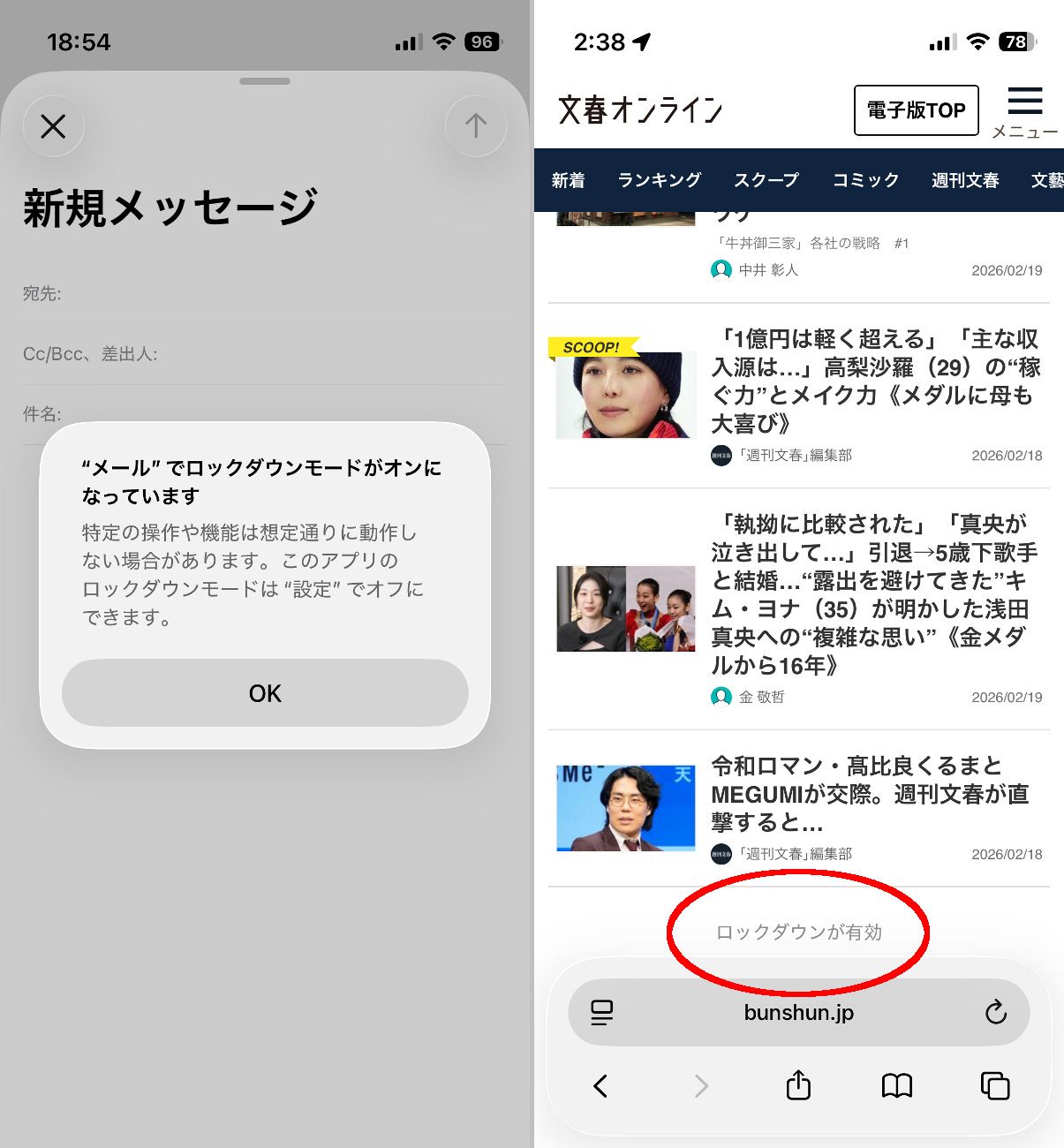 対象のアプリでは、ロックダウンモードがオンになっていることで、操作が制限されることが表示されます（左）。アプリによっては画面下に常時「ロックダウンが有効」と表示される場合もあります（右）