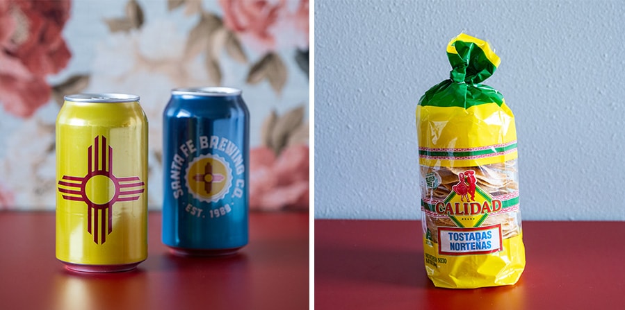写真左：ニューメキシコ州「サンタフェ・ブリューイング」のクラフトビール7.99ドル～（各6本セット）。写真右：ビールのお供に最高な「カリダッド」のトルティーヤチップス1.59ドル。
