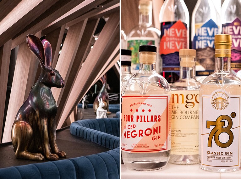 左：不思議の国らしく、うさぎのオブジェも。
右：オーストラリアのクラフトスピリッツが充実！