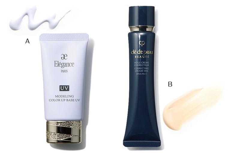 A：にごりを払拭し澄んだ肌色へ導くラベンダー。モデリング カラーアップ ベース UV SPF40・PA+++ LV660 30g 4,500円／エレガンス コスメティックス B：上品なピンクベージュが繊細で美しいトーンアップ効果を発揮。ヴォワールコレクチュールn SPF25・PA++ 40g 6,500円／クレ・ド・ポー ボーテ(3/21発売)
