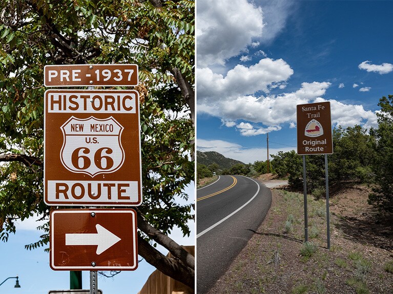 写真左：歴史的なプラザ地区には、ここがルート66のオリジナルルートであることを示すロードサインが。写真右：かつては幌馬車が往来した、歴史あるサンタフェ・トレイルもルート66の一部でした。